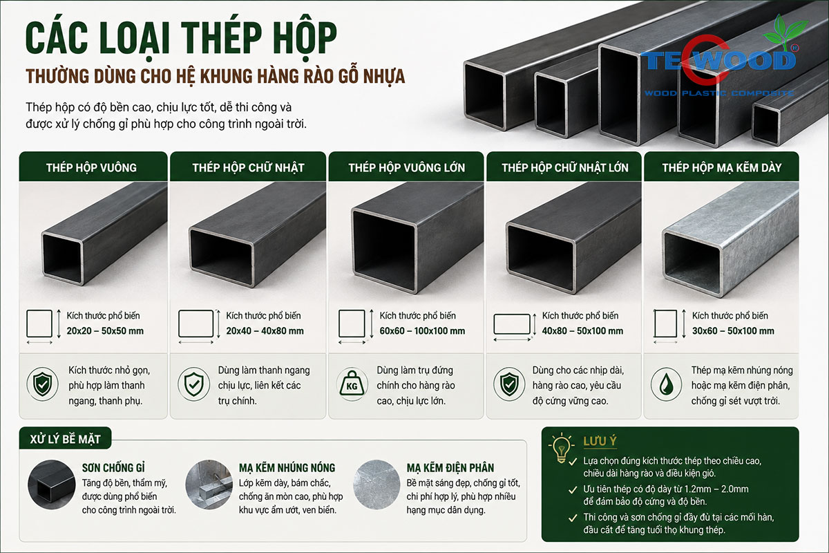 các loại thép hộp phổ biến dùng làm khung cho hàng rào lắp ghép gỗ nhựa