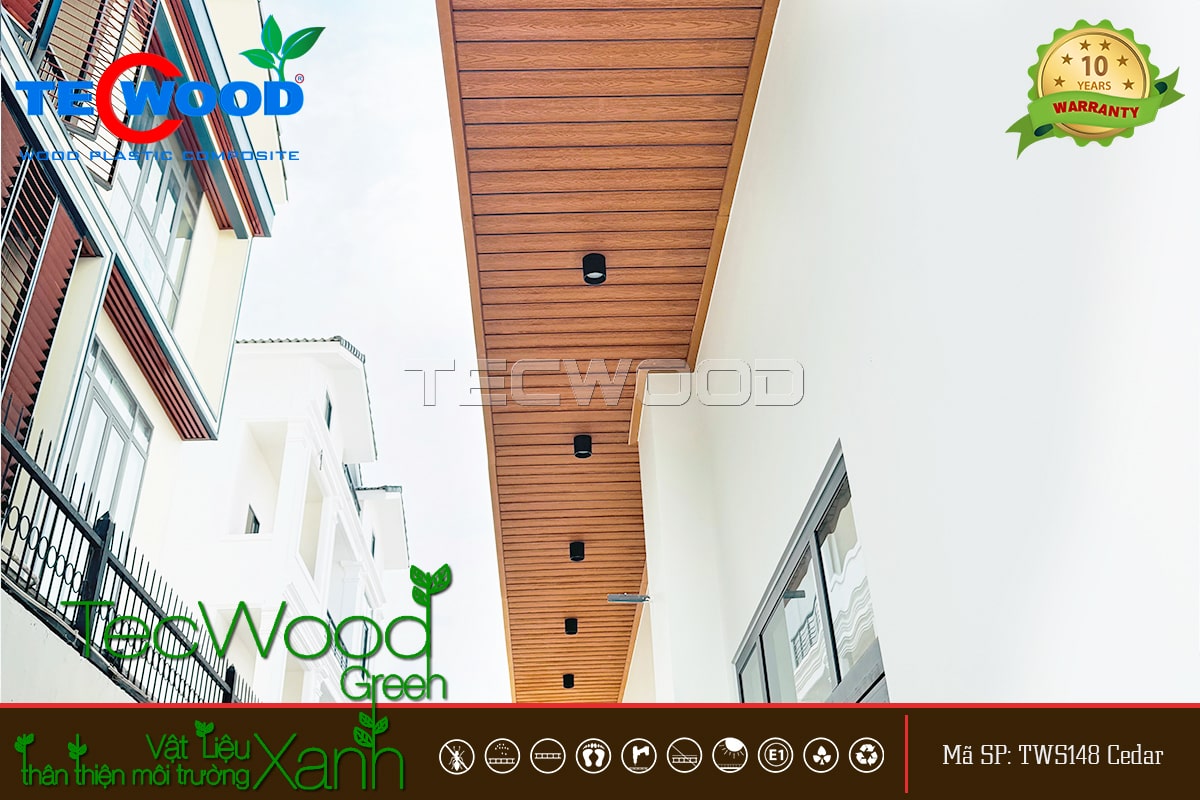 Trần mái hiên ốp gỗ nhựa màu Cedar hiện đại, đẳng cấp
