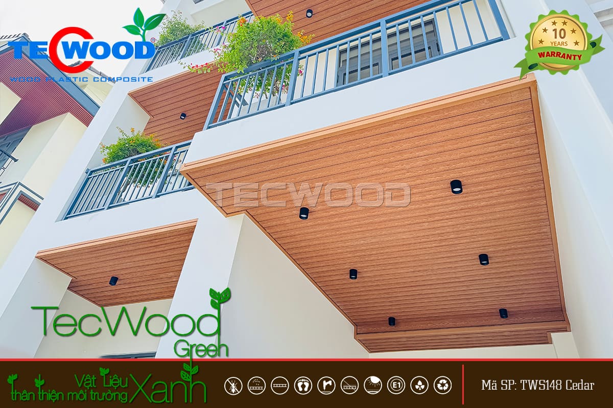 Tấm ốp gỗ nhựa TecWood trang trí trần mái hiên sang trọng