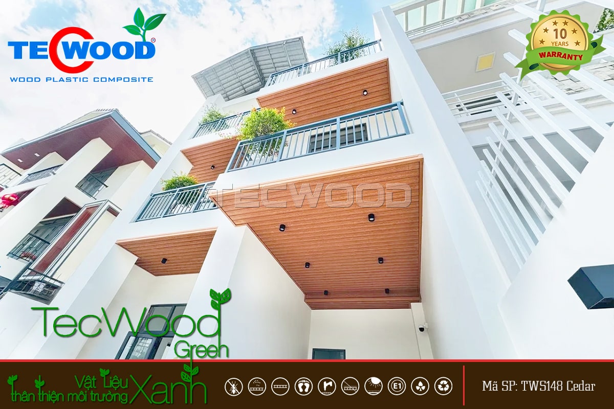 Tấm ốp gỗ nhựa TecWood trang trí mái hiên nhà phố