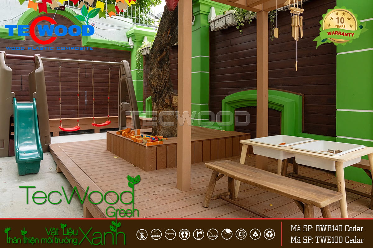Khu vui chơi trường mầm non lát sàn gỗ ngoài trời