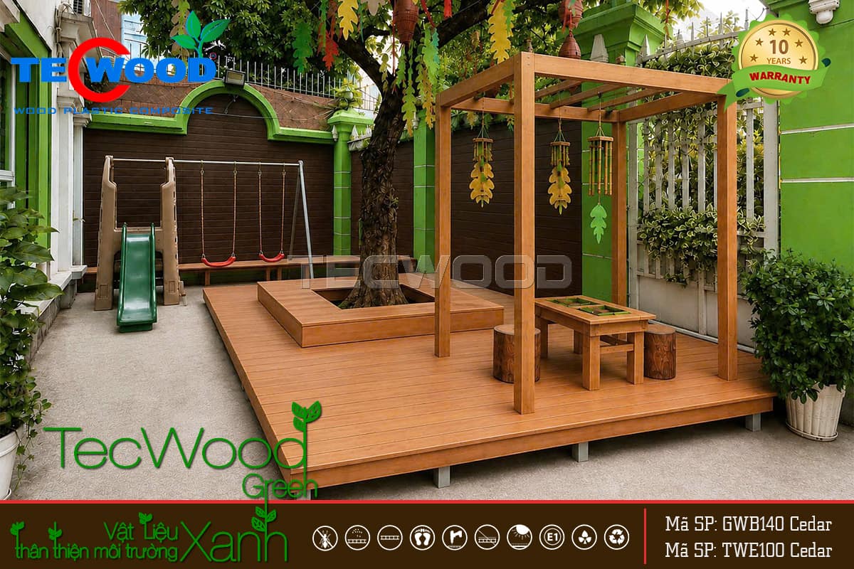 Giàn pergola gỗ nhựa trang trí sân trường mầm non Sơn Ca