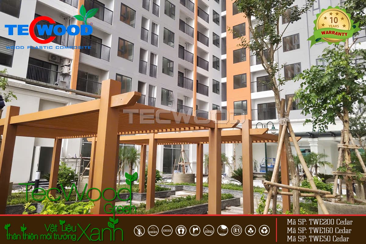 Thi công giàn Pergola gỗ nhựa trang trí khuôn viên chung cư Yên Bình